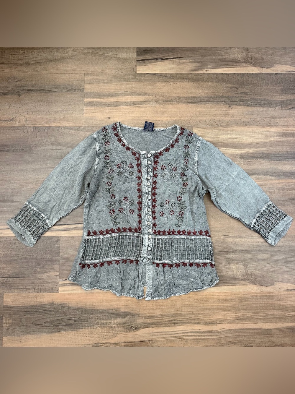 Vintage Escandalo Women's Embroidered Cut-Out Boho Blouse Grey - Size Medium